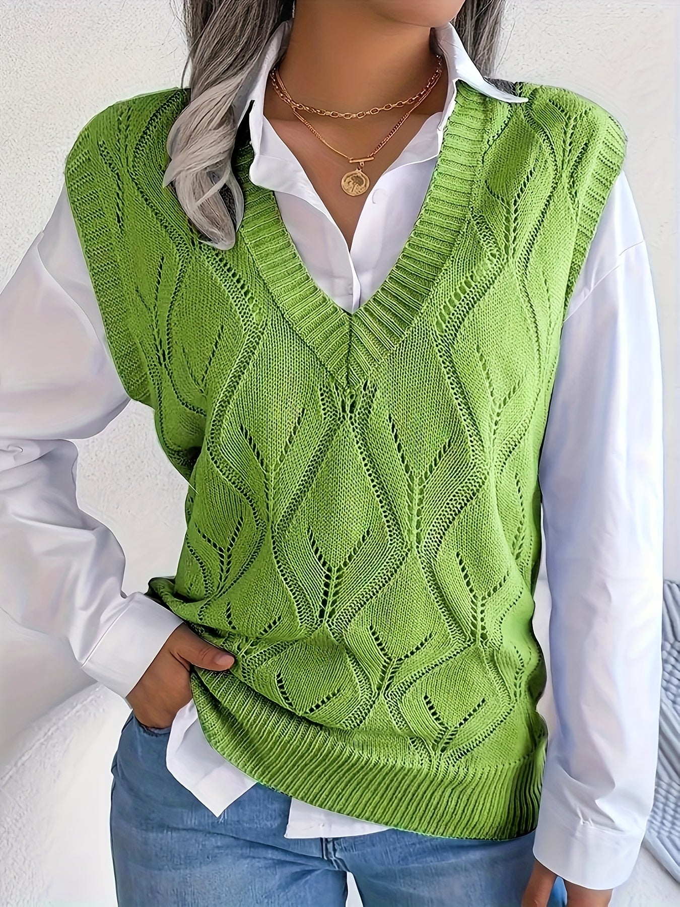 Plus Size Women's V-Neck Lace Sweater Vest Knitwear Casual Layering