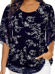 Black Floral Chiffon Blouse with Ruffle Sleeves for Summer Women’s Semi-Sheer Top