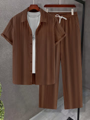 Men's Casual 2-Piece Set Short Sleeve Shirt and Drawstring Pants Polyester Summer