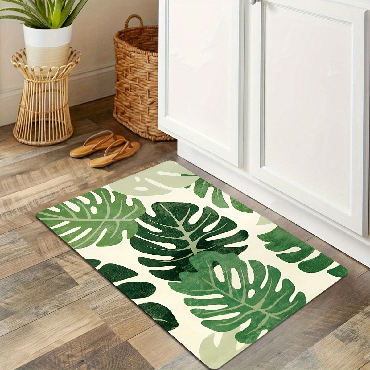 Green Plant Pattern Area Rug Polyester Non-Slip Foam Pad for Living Room Bedroom