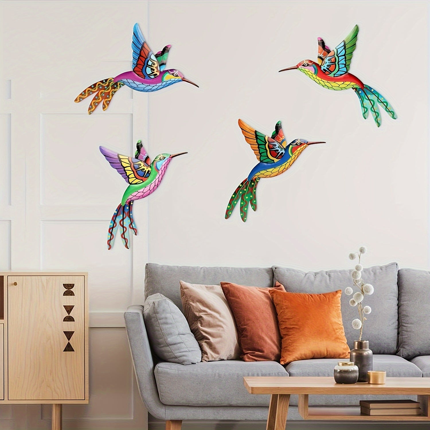 Colorful Metal Hummingbird Wall Decor Set of 4 Indoor Outdoor Garden Patio Living Room Fence