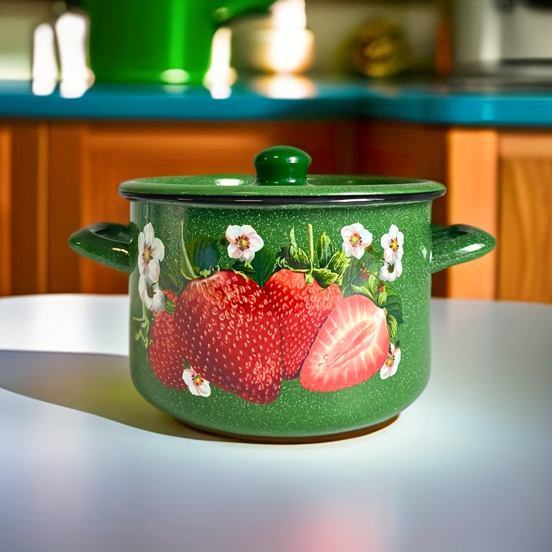 Enamel Cooking Pot 20cm with Strawberry Floral Design, Heat-Retaining Lid