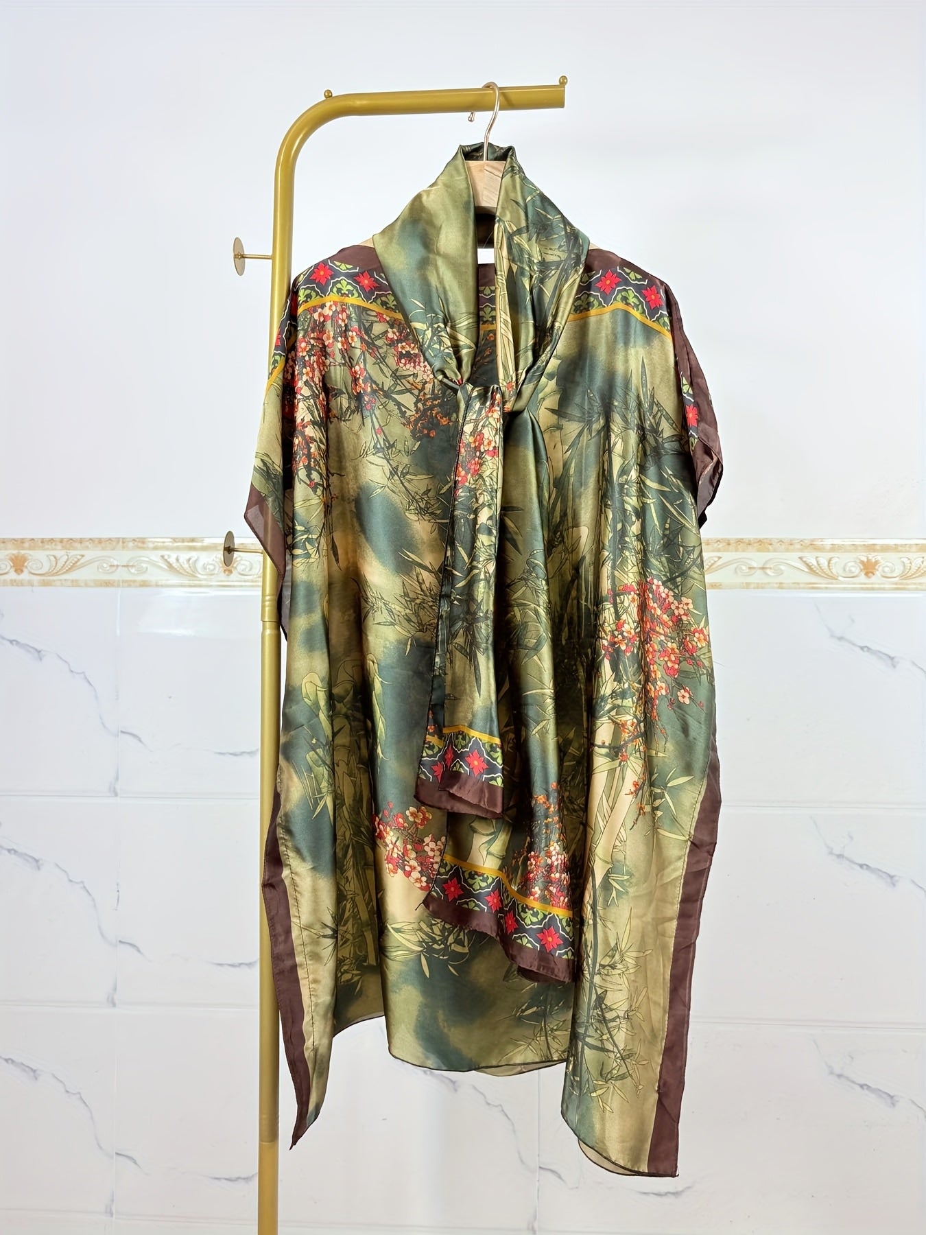 Блузка женская больших размеров с цветочным принтом зеленый и коричневый, дышащий полиэстер, повседневная и официальная