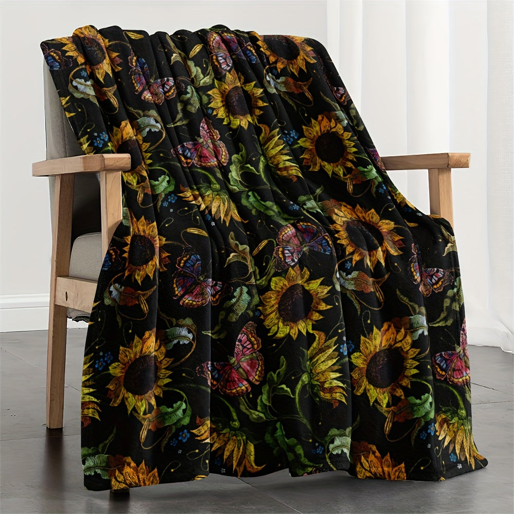 Sunflower Fleece Throw Blanket All-Season Floral Pattern Soft Warm Multi-Use 250-300g