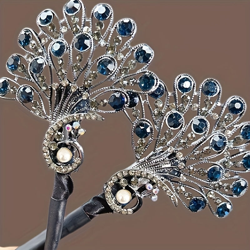 Vintage Rhinestone Hair Clip with Peacock Feather Design for Women