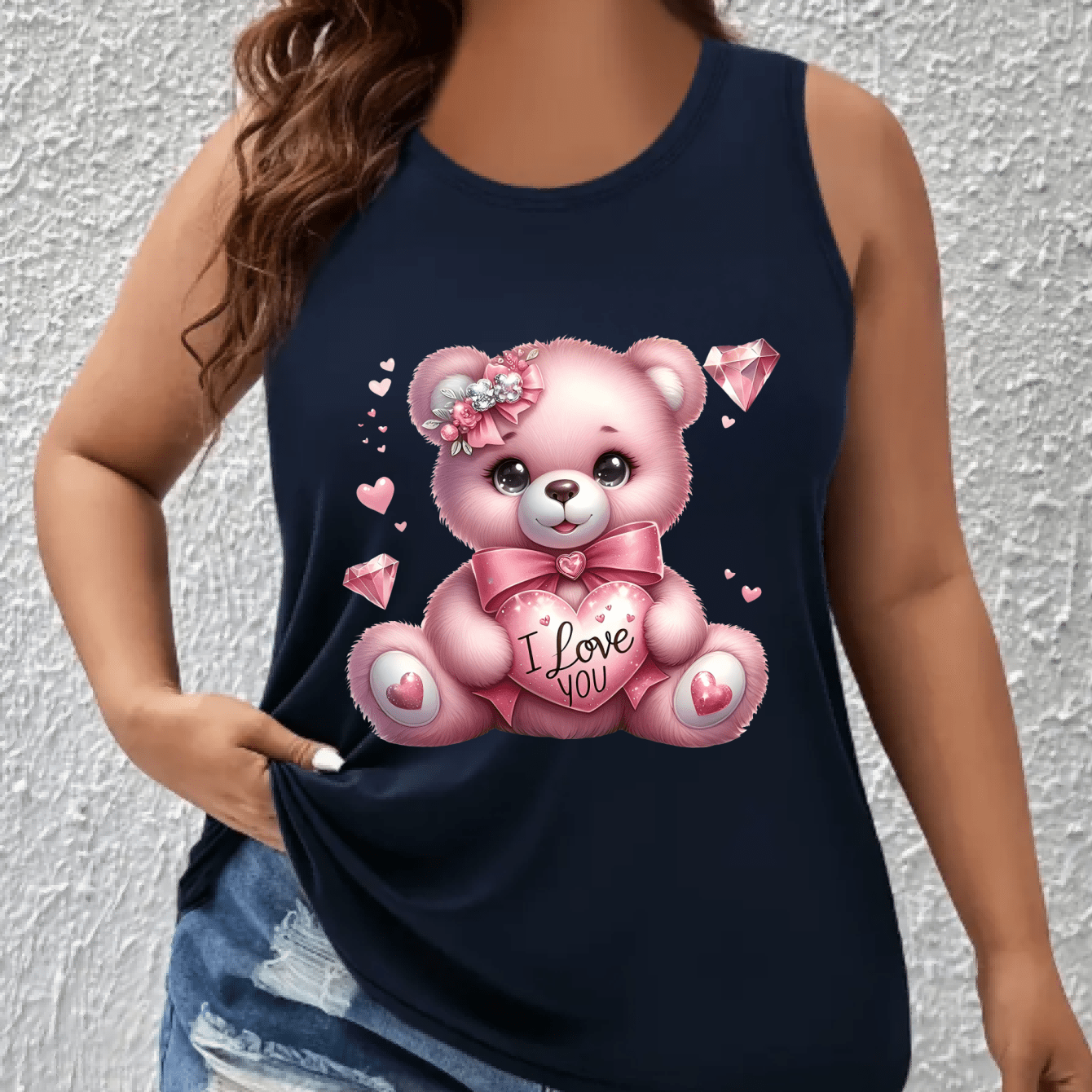 Women's Plus Size Cotton Blend Tank Top Cute Cartoon Bear Pink Sleeveless Shirt