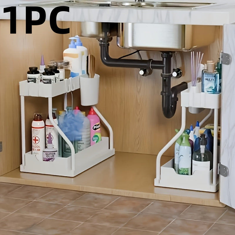 Черный двухъярусный органайзер под раковину с полками и крючками для кухни и ванной