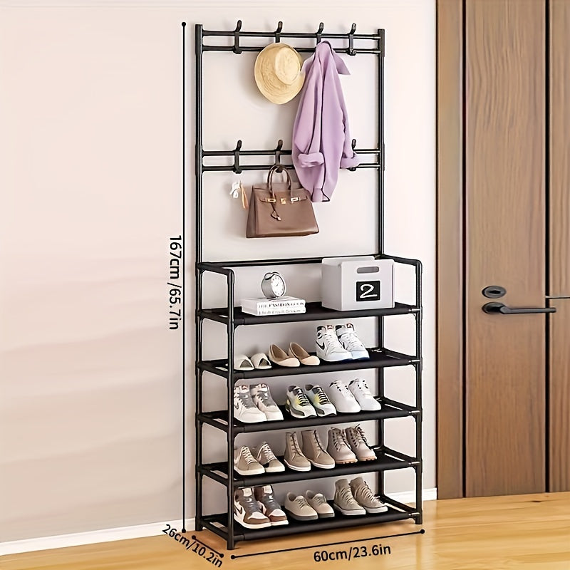 Black and White Shoe and Hat Rack with Dustproof Cover 8 Hooks for Entryway Living Room Bedroom