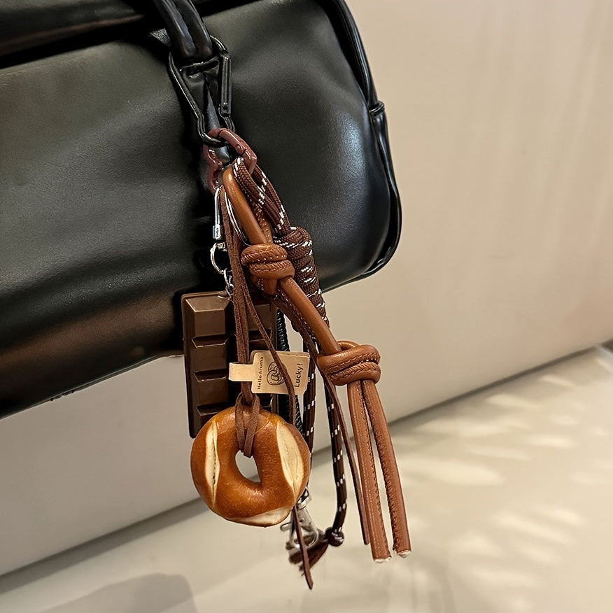 Rock-Inspired Faux Leather Keychain with Chocolate Pretzel Donut Charms and Tassel