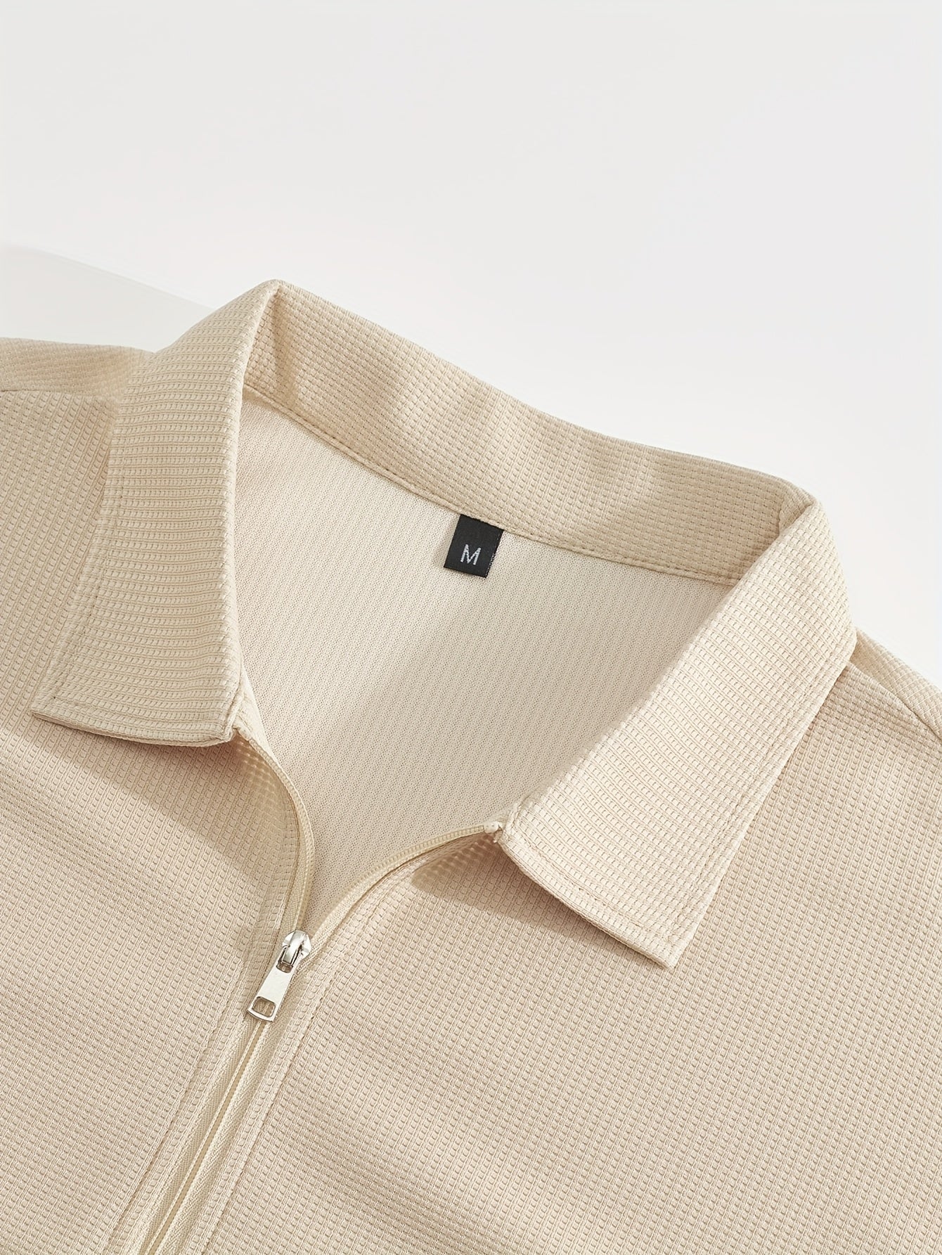 Men's Casual Outfit Waffle Knit Short Sleeve Zip-Up Shirt and Drawstring Pants Black Polyester Blend Summer