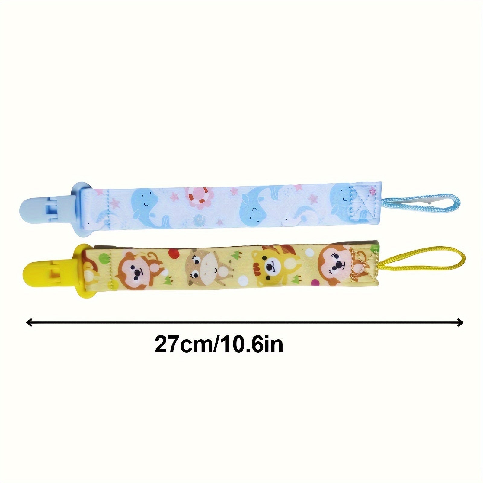 Baby Pacifier Chains Set with Yellow and Blue Patterned Clips and Holders