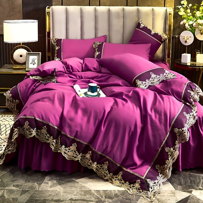 Lace Bedding Set with Quilt Cover and Pillowcases in Multiple Colors Solid Pattern All-Season Polyester