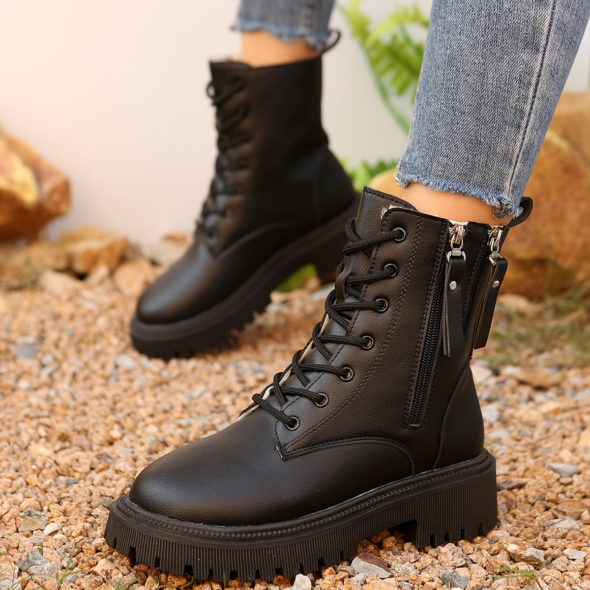 Women Casual Ankle Boots Leather Thick Sole Warm Winter Short Shoes