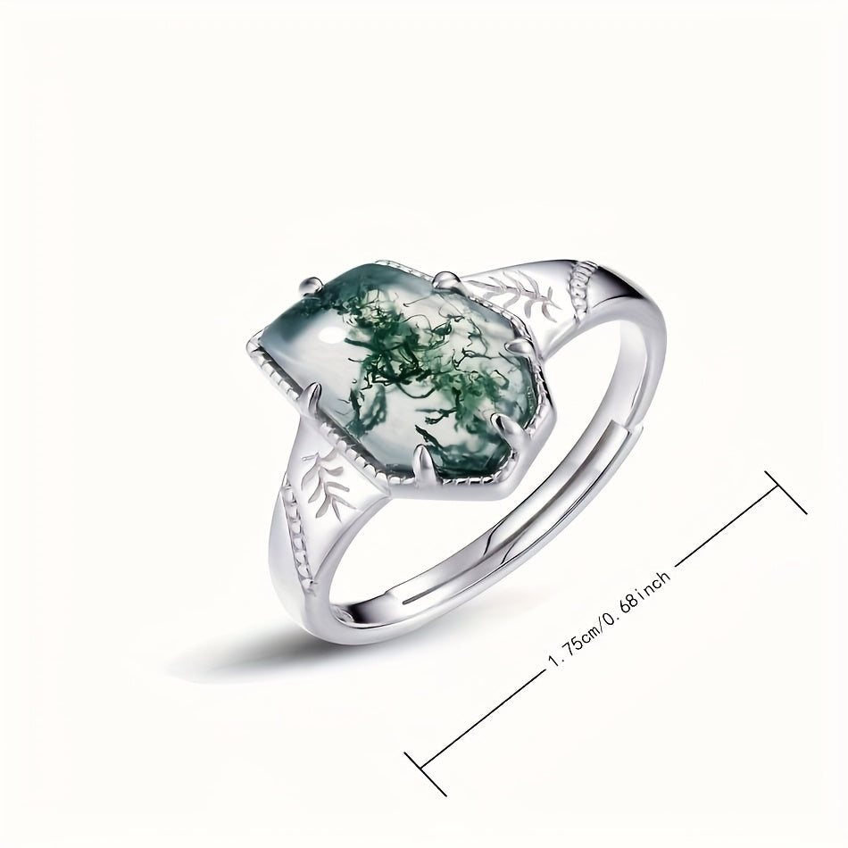 Sterling Silver Wedding Ring for Women with Green Moss Agate 7x10mm Vintage Open Design