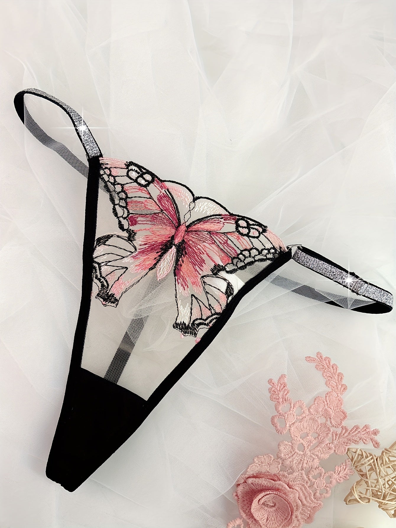 Tanga de malla para mujer con cinturilla de purpurina y estampado de mariposa, lencería semi-transparente
