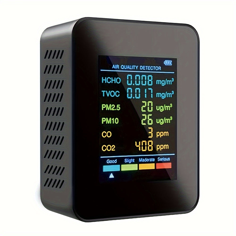 6-in-1 Air Quality Monitor with Large LCD Display, USB Rechargeable, Compact for Home Office