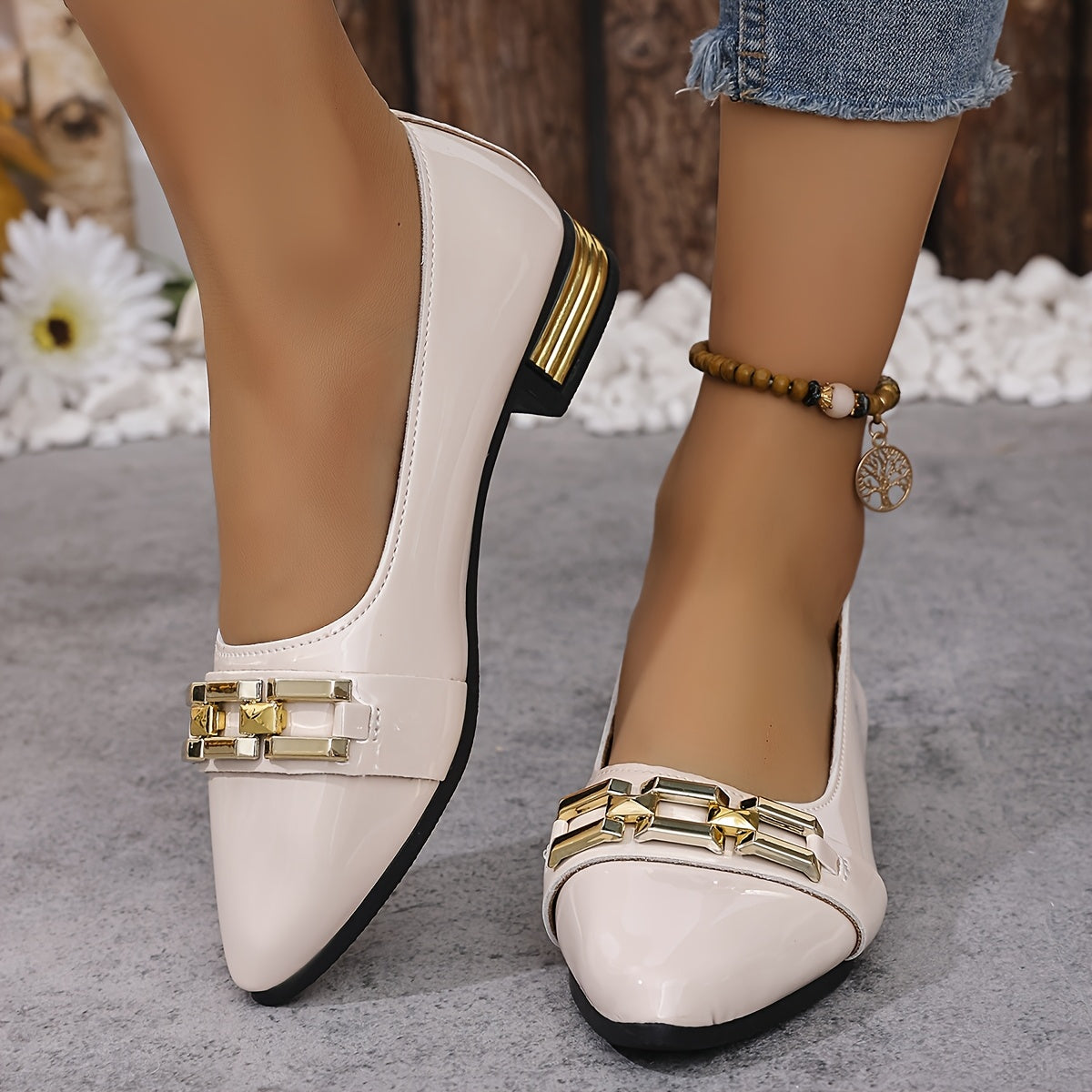 Women's White Pointed Toe Slip-On Loafers with Buckle Embroidery