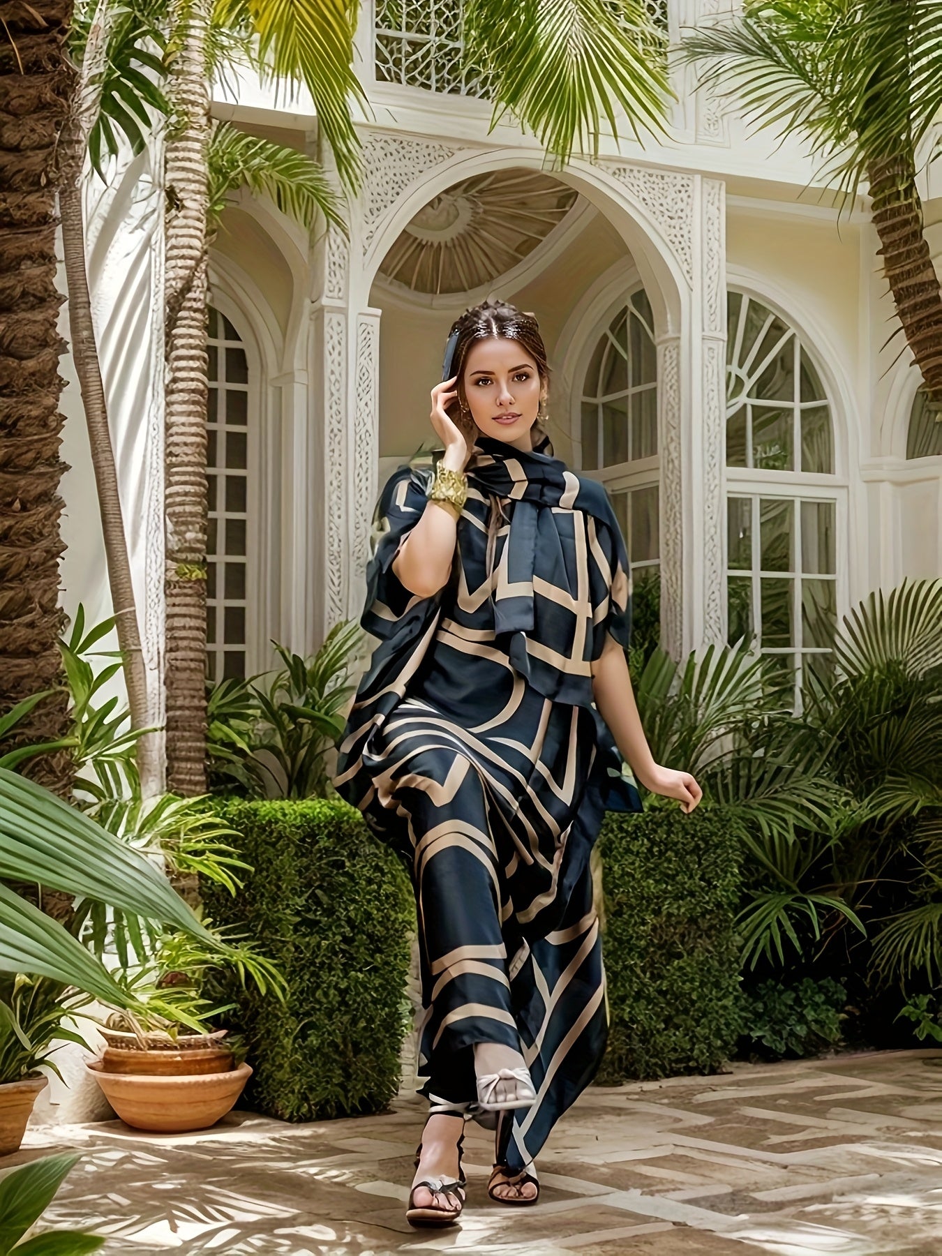 Plus Size Geometric Pattern Robe Dress with Black and Gold Tones for Women