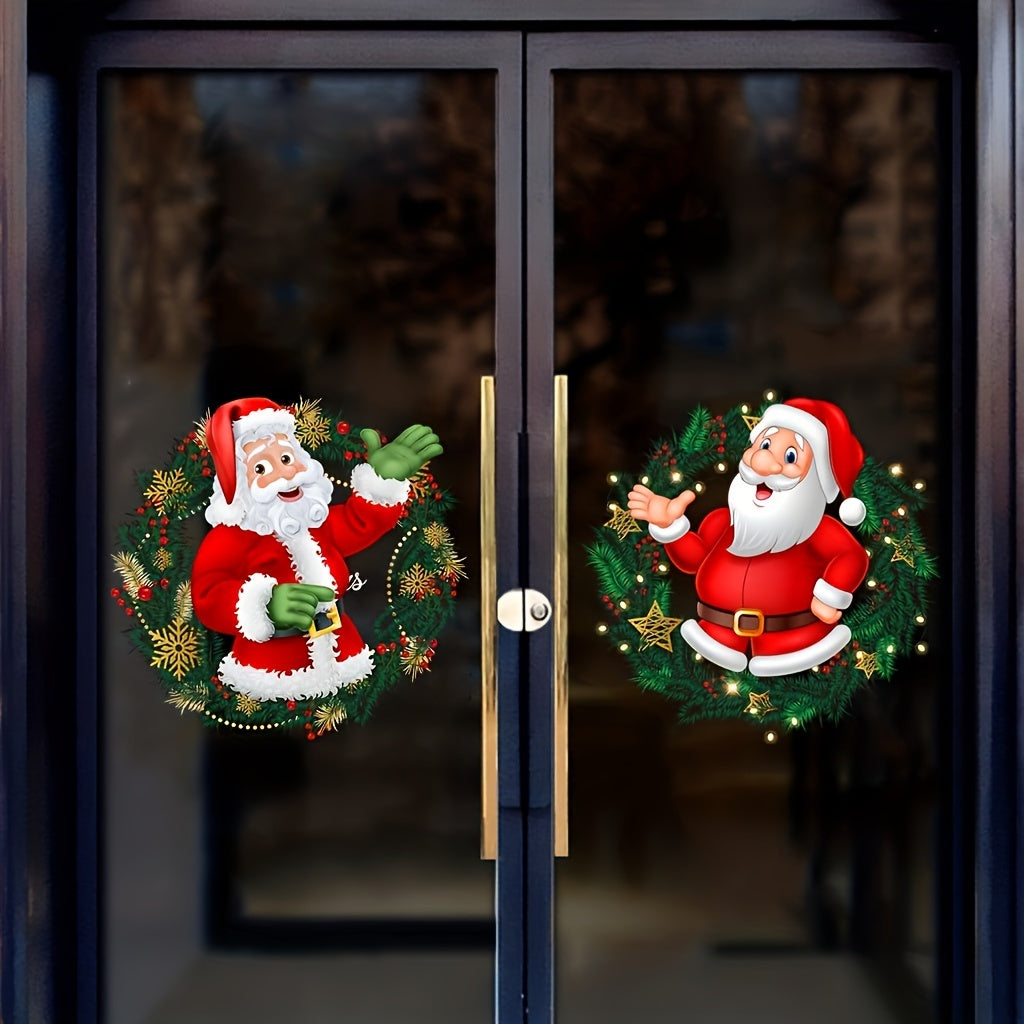 Set of 2 Christmas Glass Window Stickers Santa Claus Pattern Removable Decor