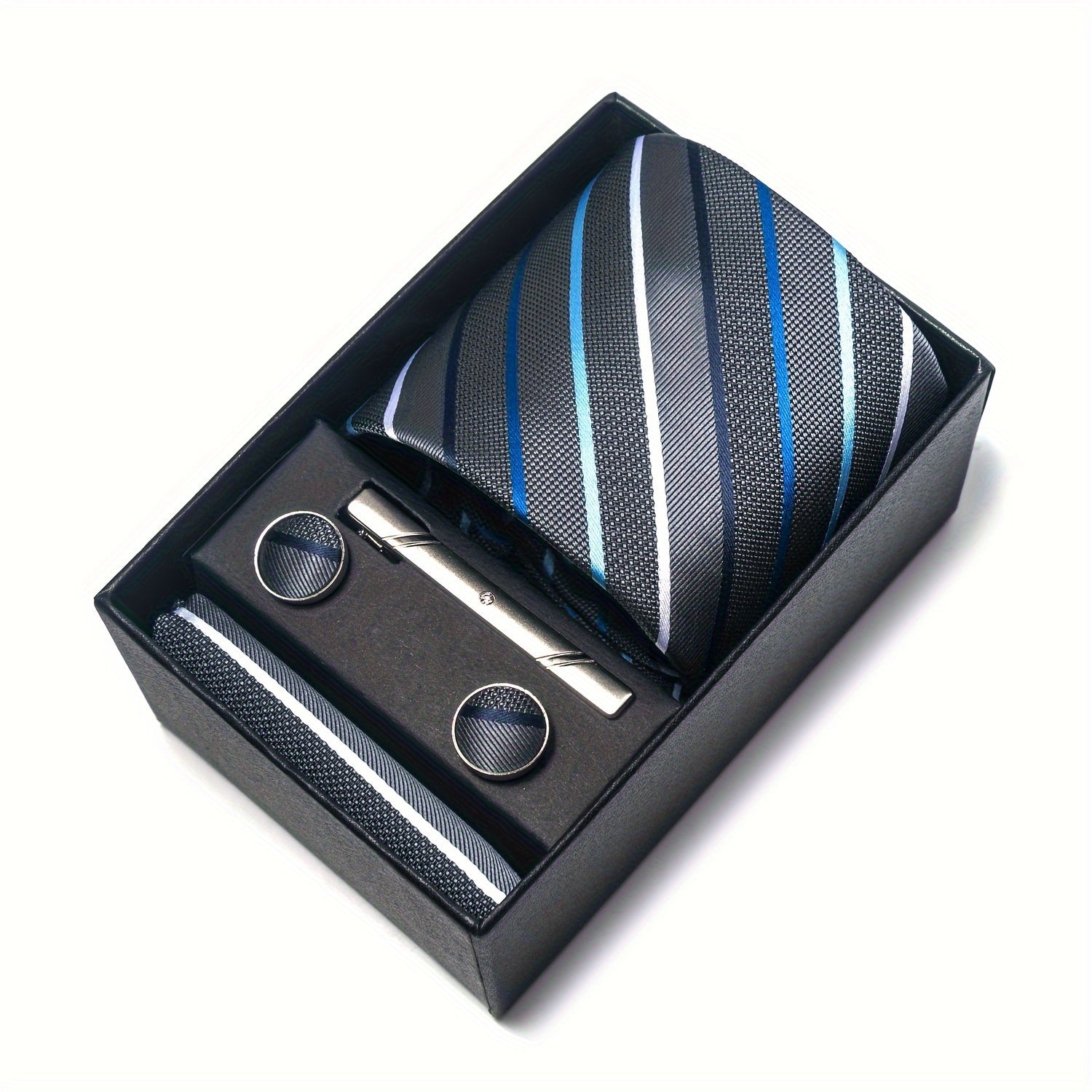 Men's Blue Tie Set with Pocket Square Cufflinks and Tie Clip for Weddings and Occasions