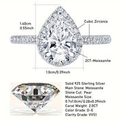 Women's Sterling Silver Engagement Ring with 2 Carat Pear-Shaped Moissanite Center and Surrounding Stones