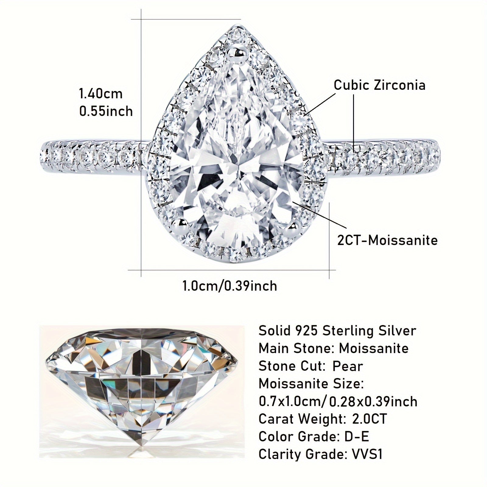 Women's Sterling Silver Engagement Ring with 2 Carat Pear-Shaped Moissanite Center and Surrounding Stones