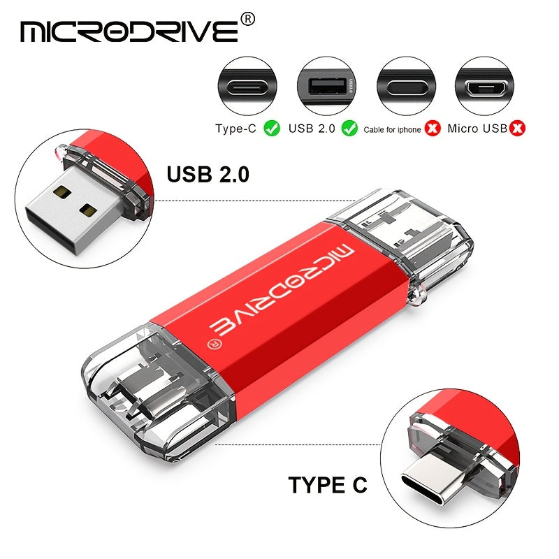 MICRODRIVE 2.0 USB-C Flesh Drayv - Yuqori tezlikdagi OTG xotira kaliti, muzlatilgan metall tekstura, 128GB/64GB/32GB/16GB, Noutbuk va smartfonlar bilan mos, Qizil/Qora, Qiziqarli dizayn