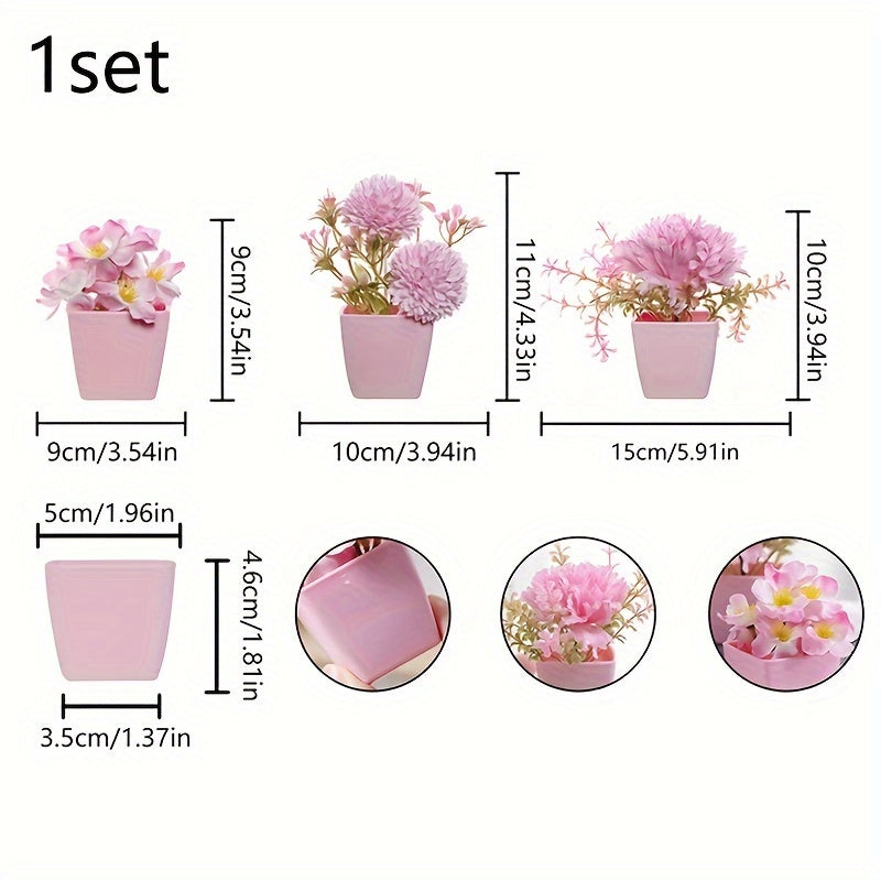 Mini Pink Artificial Plants with Faux Rose and Peach Embroidered Ball Flowers for Wedding Home Office Decor