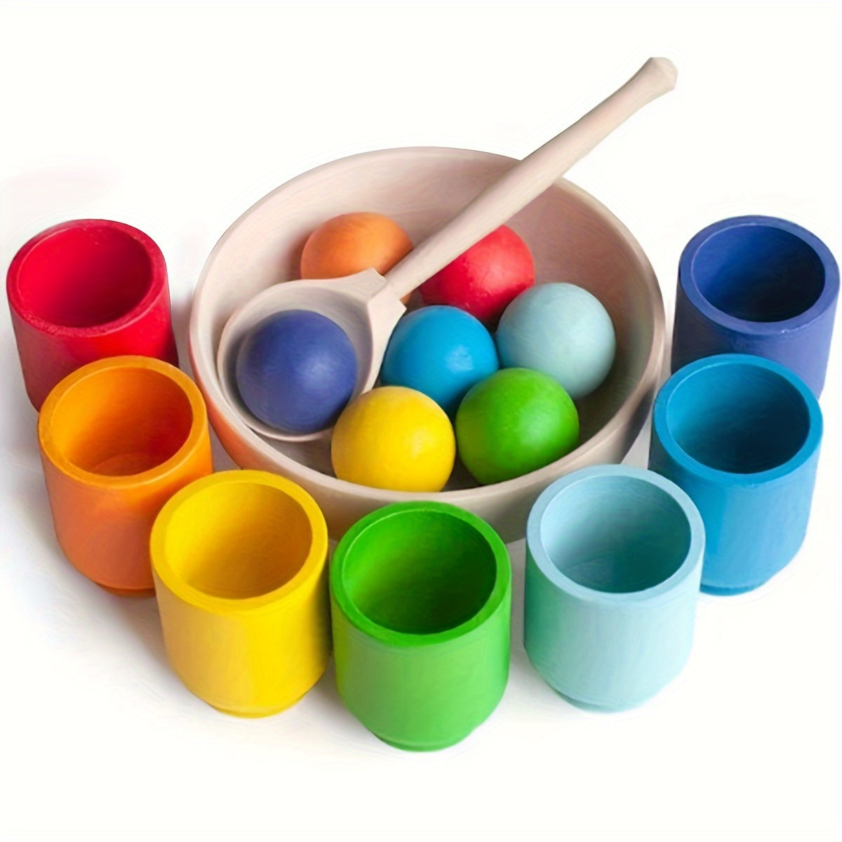 Juego de clasificación de bolas y tazas de arcoíris de madera para mayores de 3 años Juguete educativo para reconocimiento de colores y habilidades motrices finas