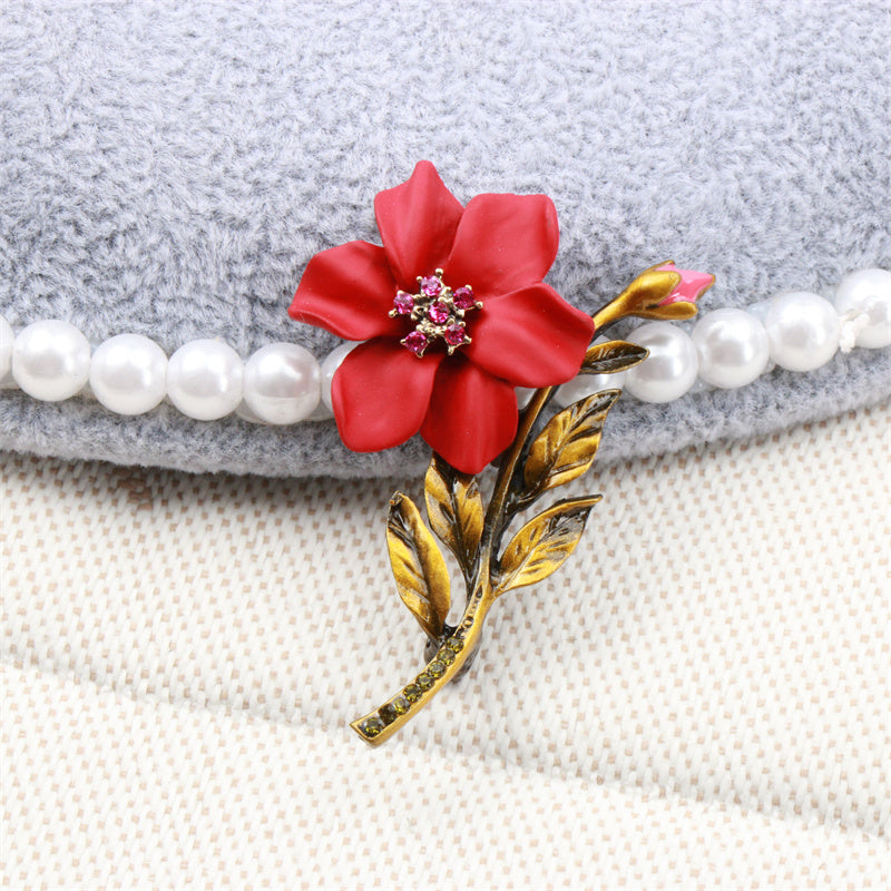 Elegant Red Enamel Floral Brooch Pin with Green Accent for Gifts and Celebrations