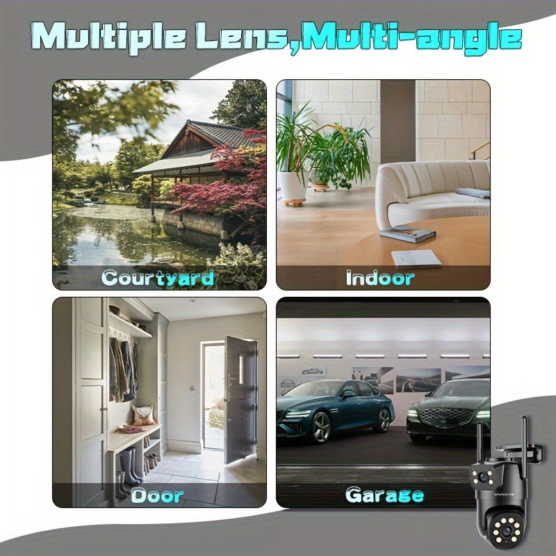 Cámara de seguridad WiFi de doble lente 720P HD Visión nocturna Detección de movimiento Audio bidireccional para exteriores
