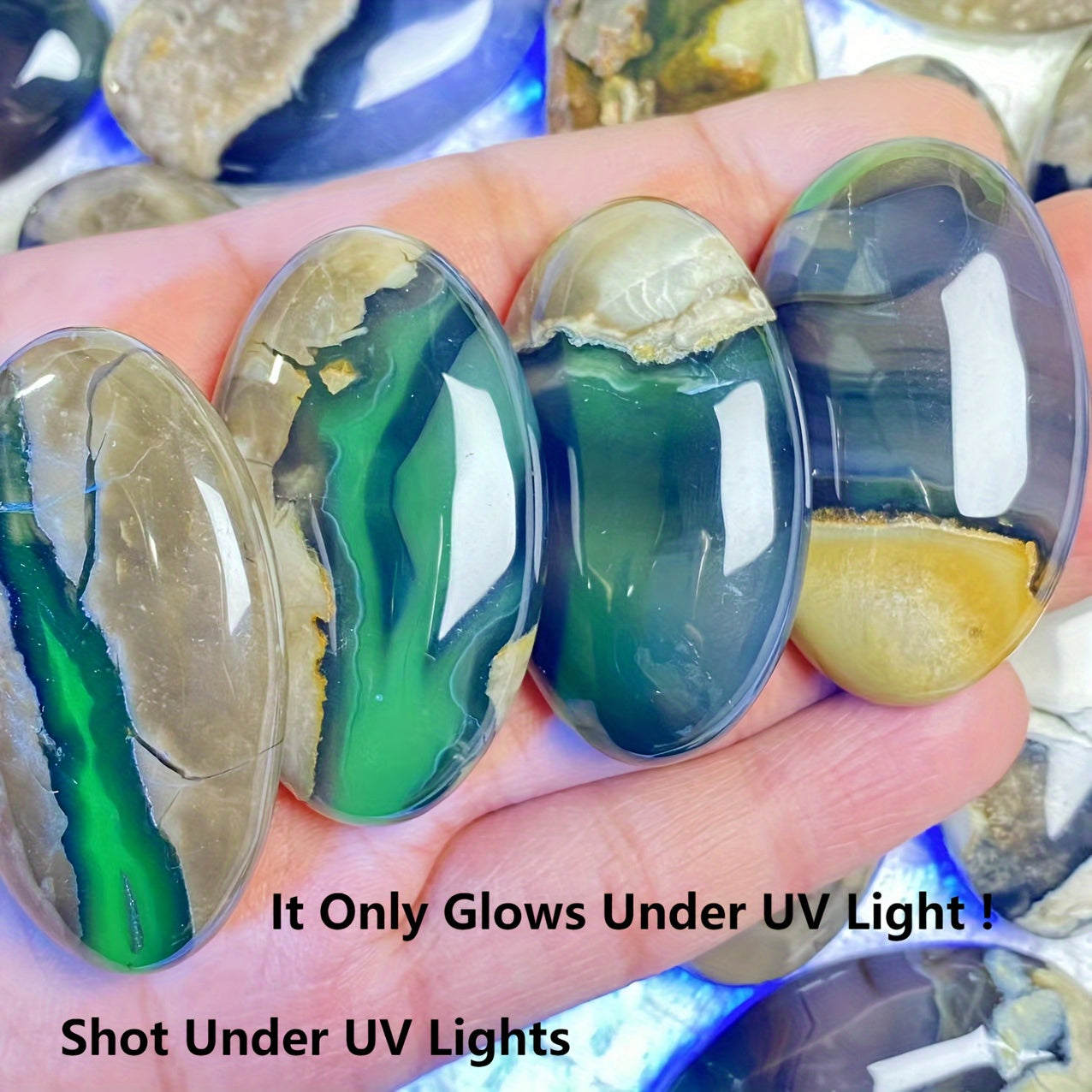 Palma de ágata volcánica fluorescente para decoración del hogar, piedra reactiva a UV