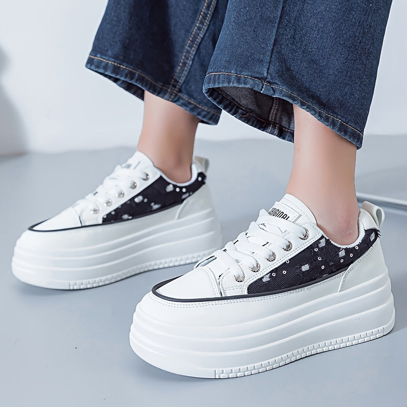 Women's Casual White Sneakers Low-Top Lace-Up Breathable Fabric