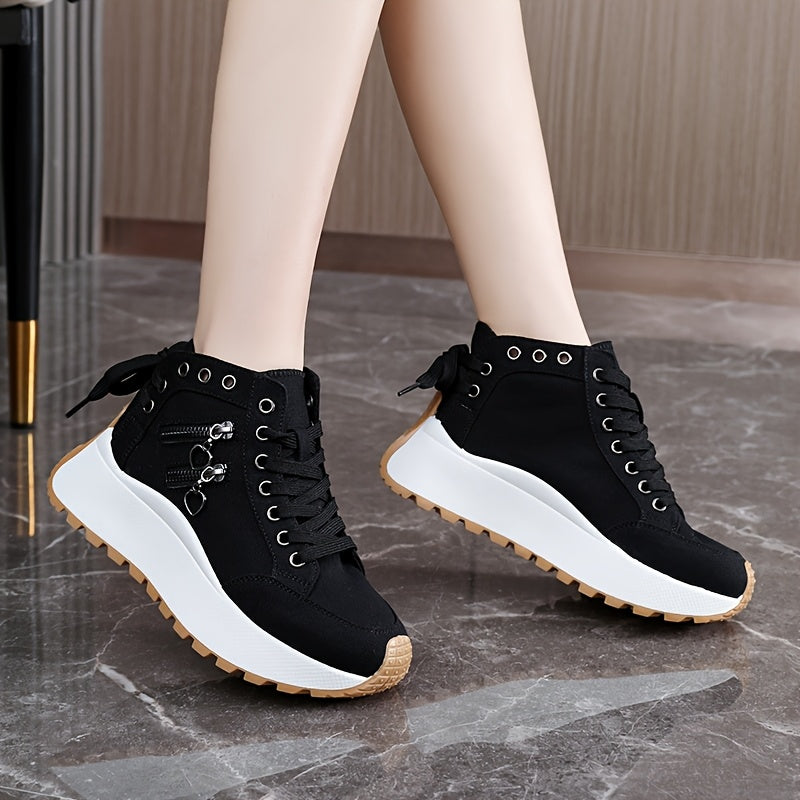 Women's High-Top Sneakers with Platform Sole, Breathable Fabric, Zipper Closure