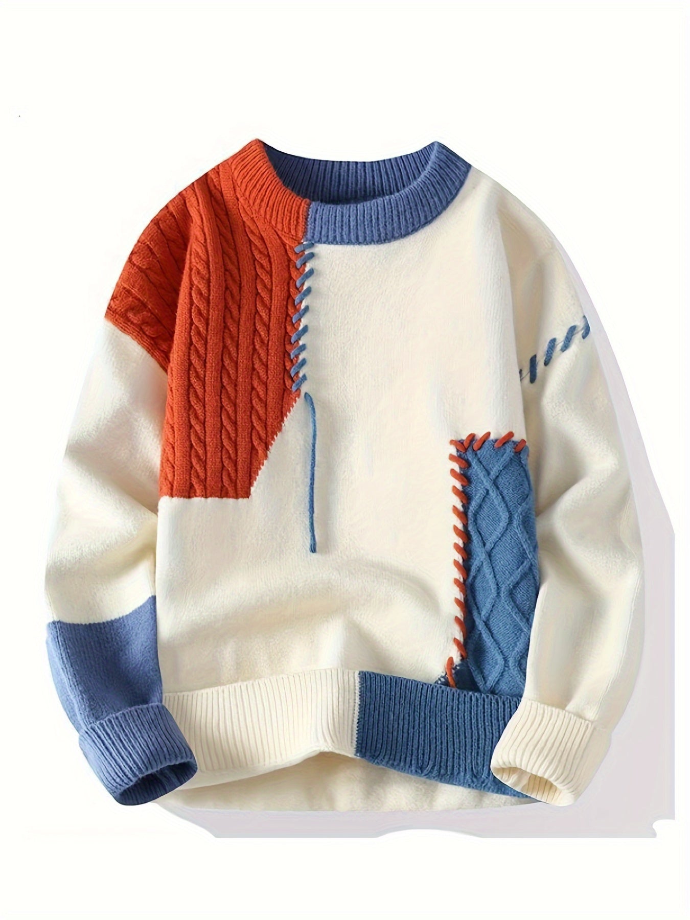 Men's Color-Block Cable Knit Sweater Long Sleeve Casual Autumn Winter