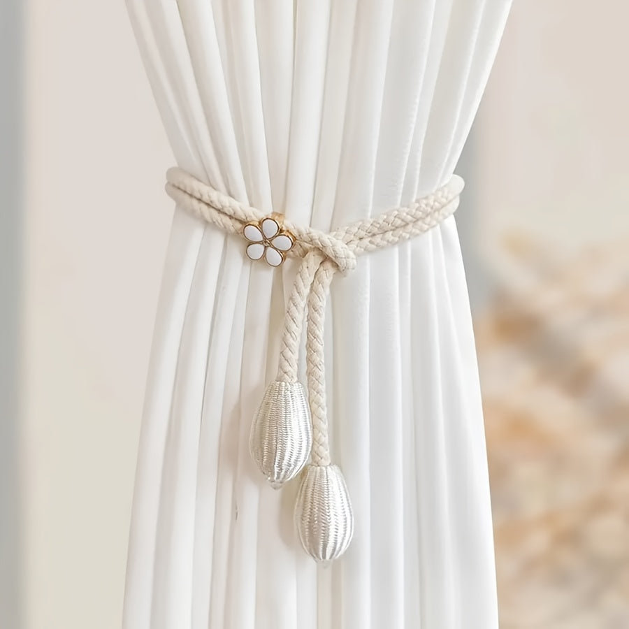 Boho Style Polyester Curtain Tiebacks with Adjustable Rope and Floral Buckle Set