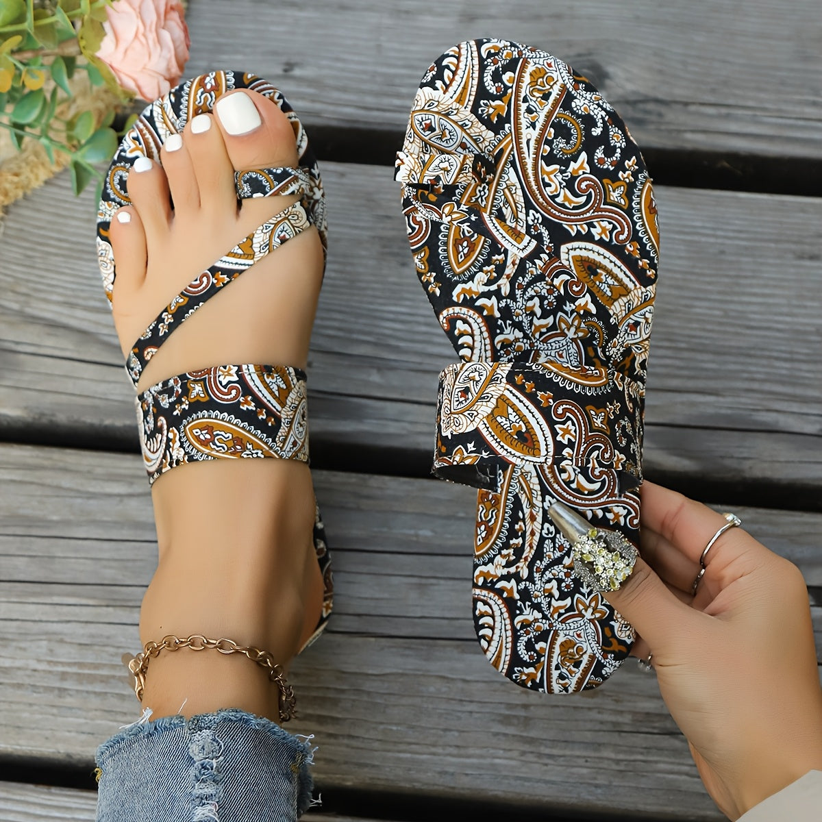 Women’s Bohemian Flat Sandals Summer Open Toe Slides with Buckle