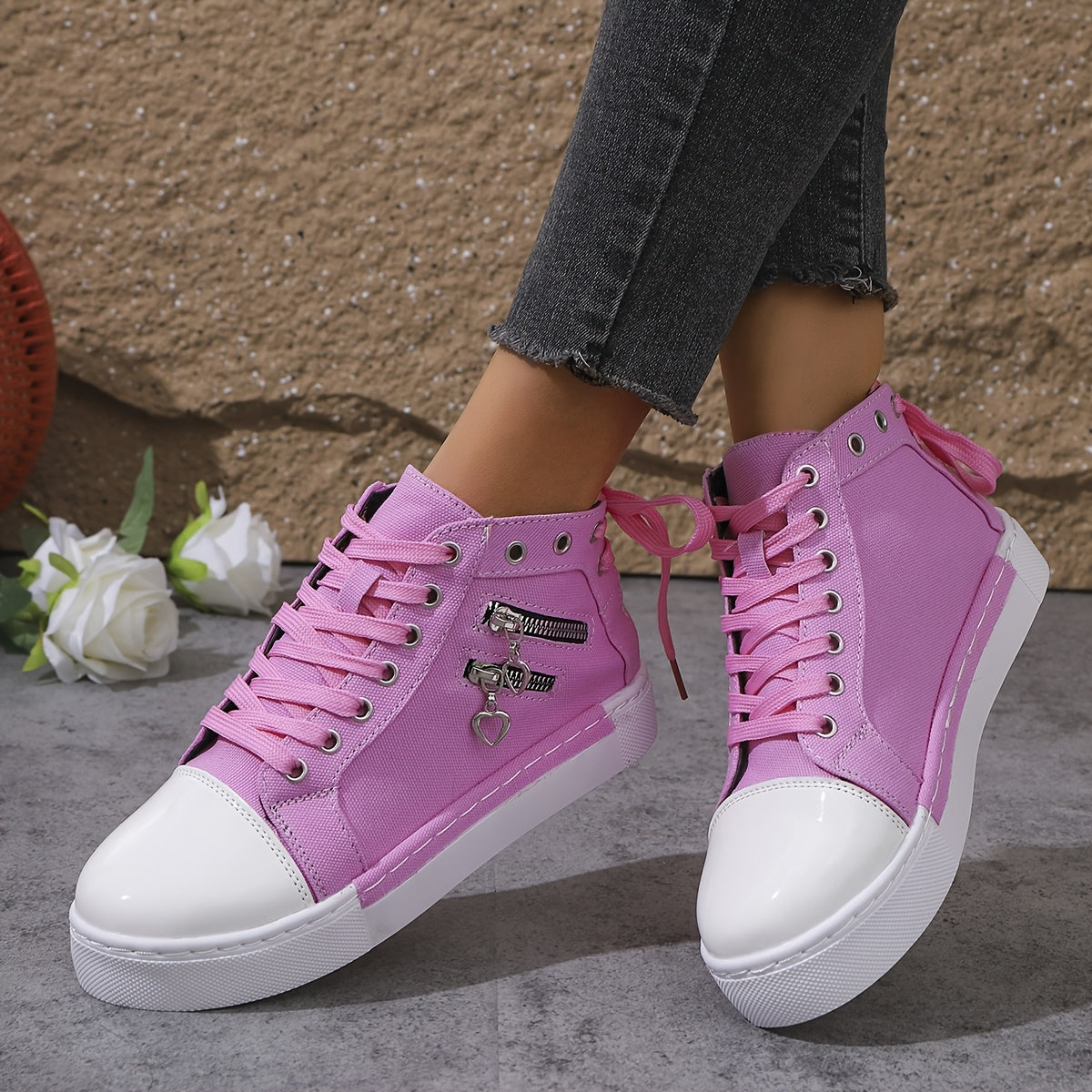 Youth Women Canvas Sneakers with Double Zippers and Laces for Outdoor Activities