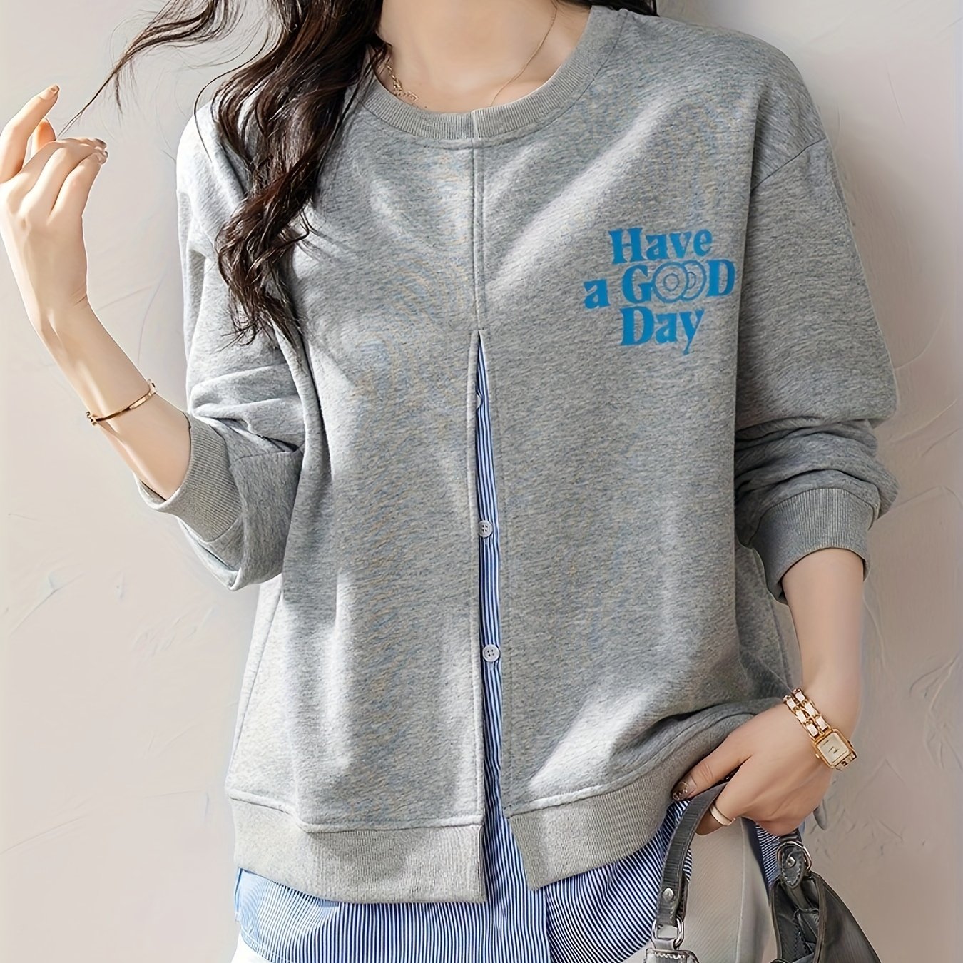 Cardigan de mujer talla grande gris de imitación de dos piezas con manga larga y botones