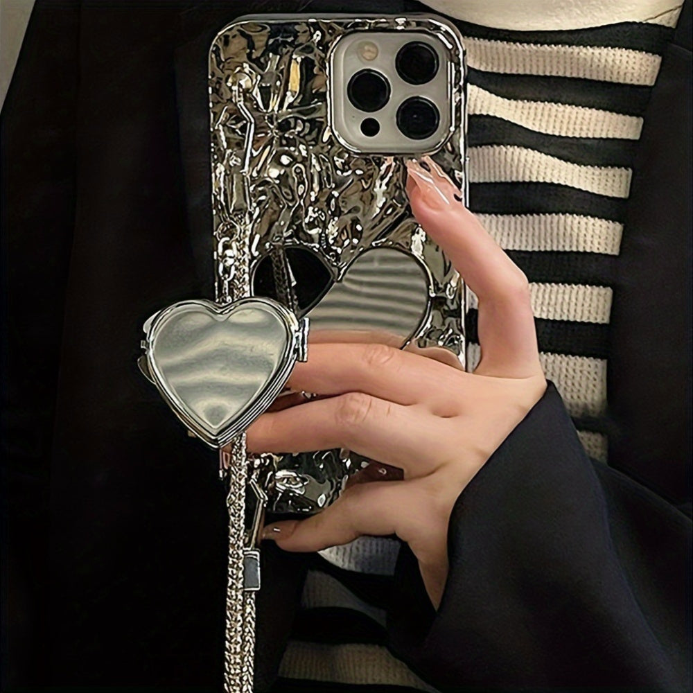 Portable Silver Heart-Shaped Mirror Bracelet Phone Case for iPhone 11-15 Pro Max