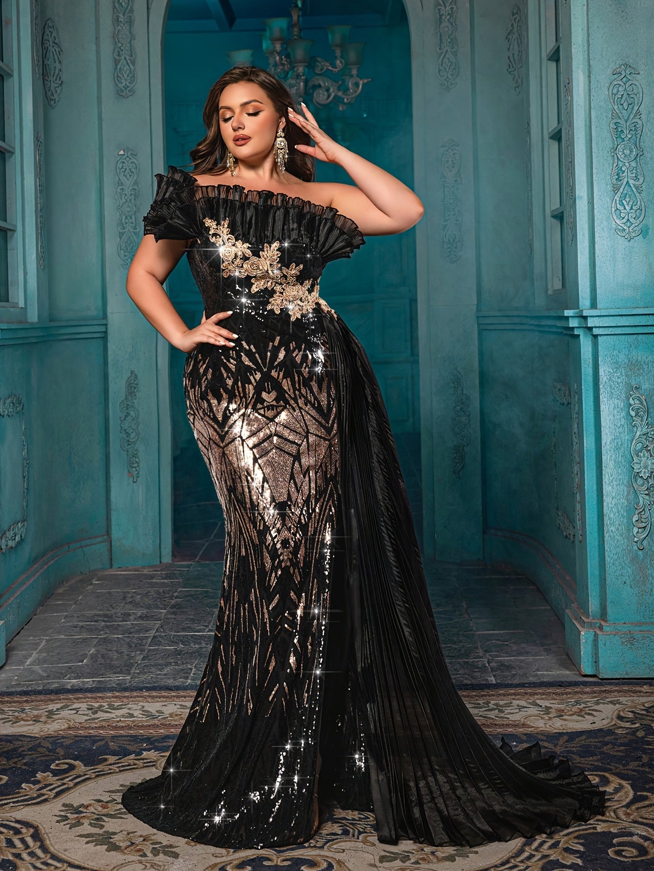 Plus Size Off-the-Shoulder Sequin Mermaid Evening Gown Black Floor-Length Dress