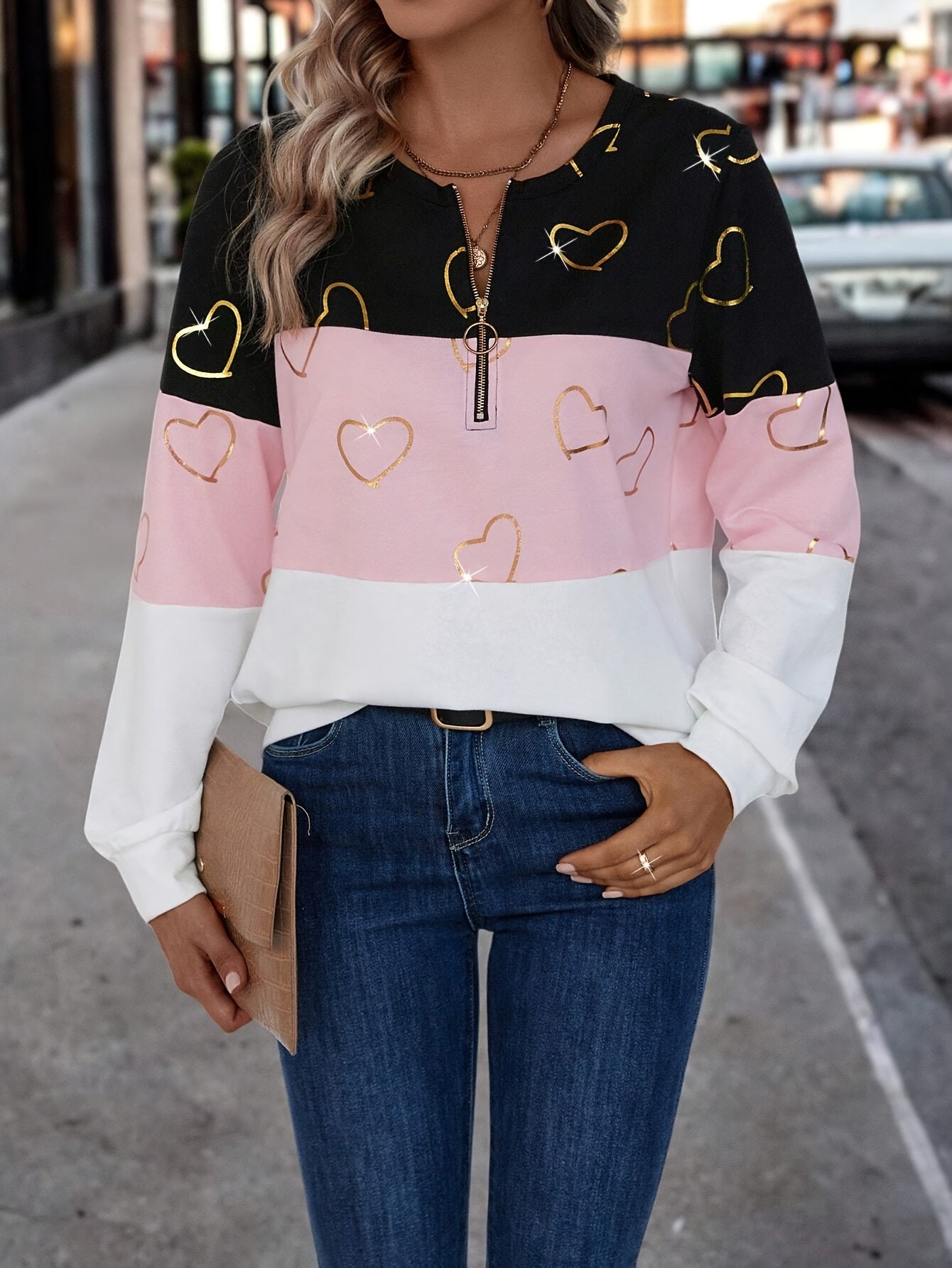 Plus Size Heart Print Sweatshirt Long Sleeve Color Block Zipper Pullover for Women