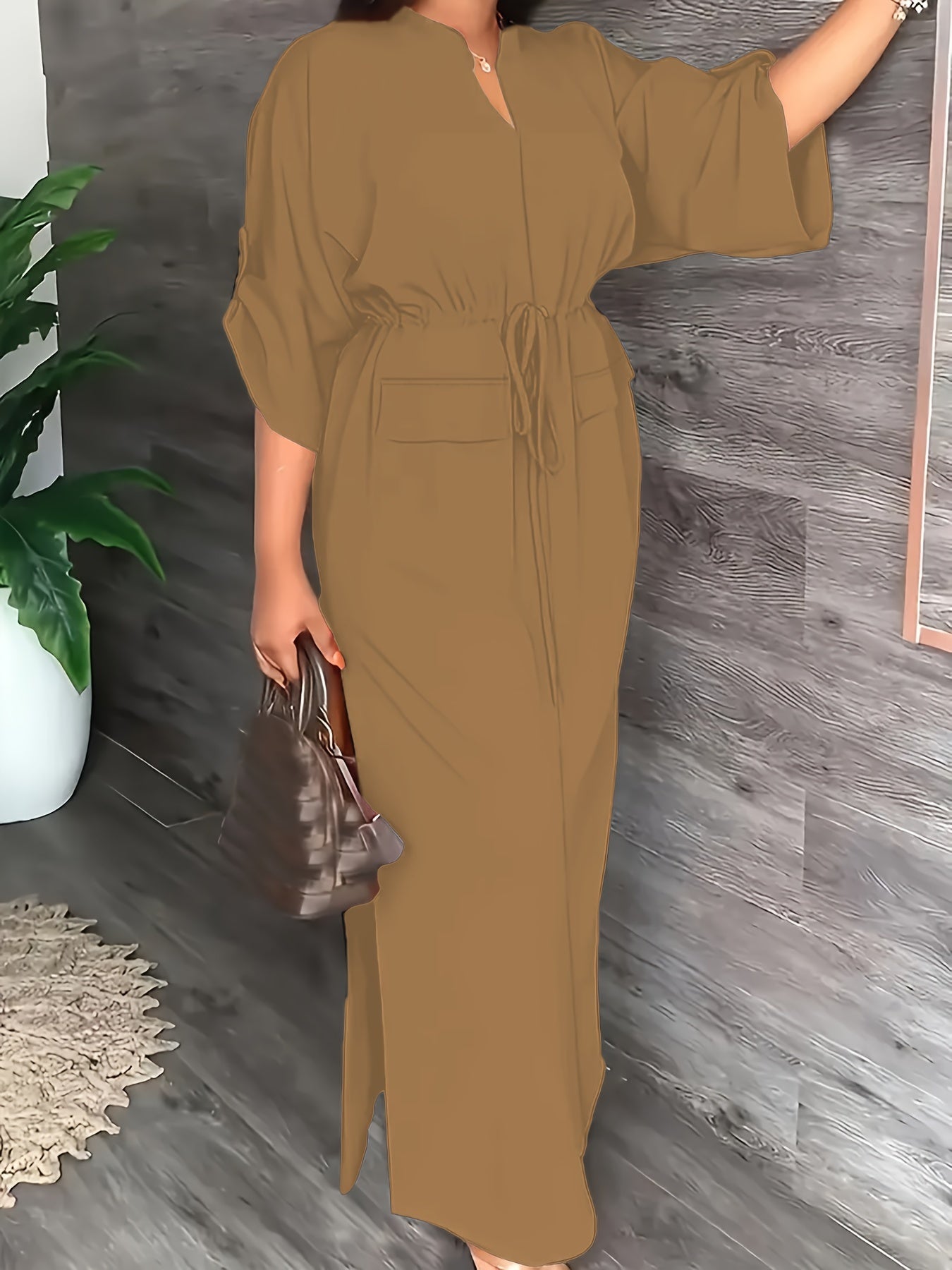 Plus Size Woven Tunic Dress with Stand Collar Side Split Solid Color for Spring Summer Fall