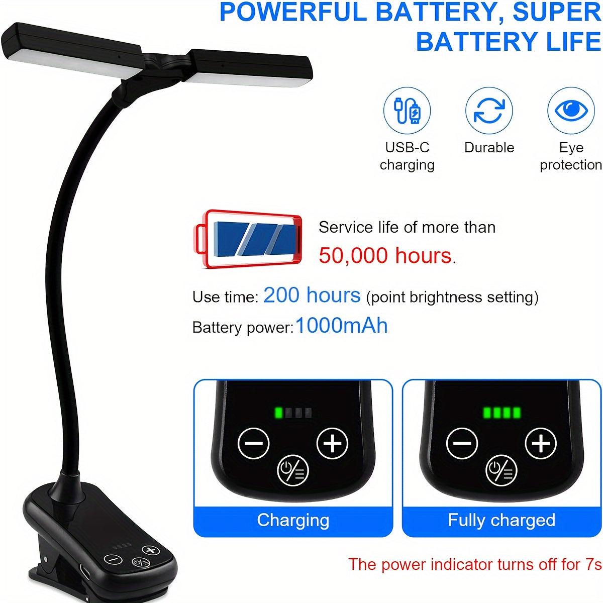 Rechargeable Book Light with 14 LEDs Dual Head Clip-On Reading Lamp Warm Cool Light