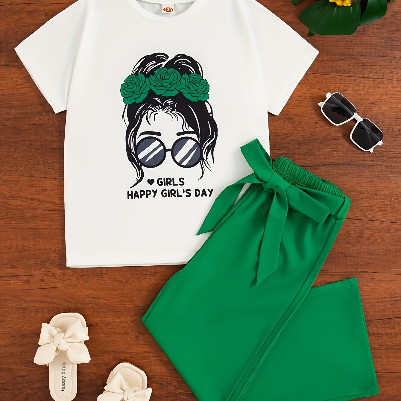 Girls Summer Casual Outfit with Cartoon Print Round Neck T-Shirt and Long Pants