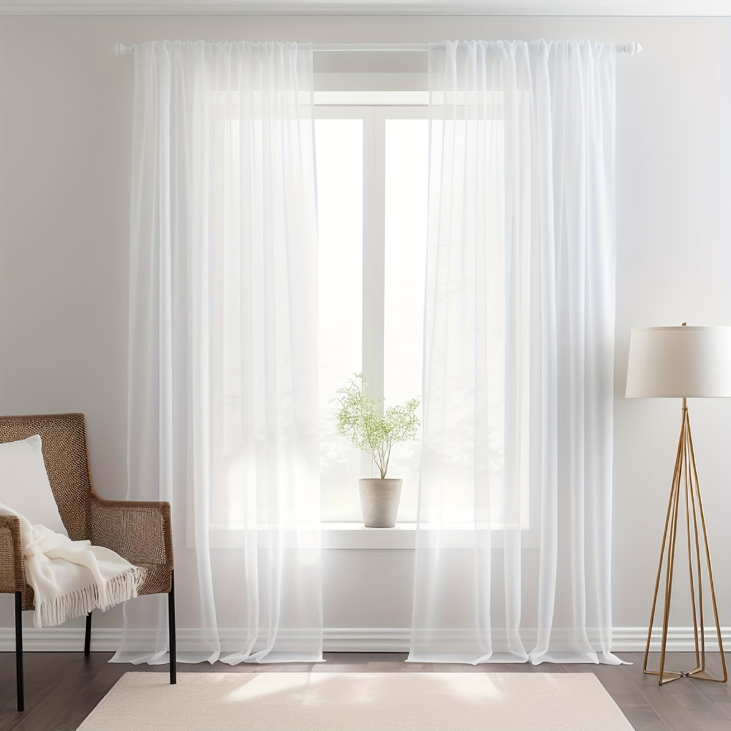 Set of 2 White Sheer Tulle Curtain Panels for Living Room or Bedroom Window Decor