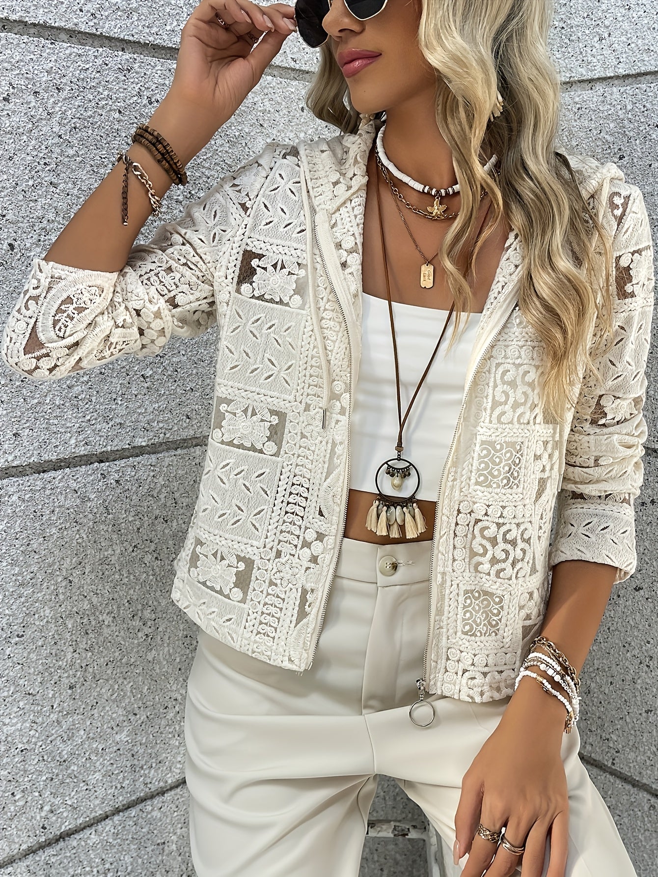 Women's Beige Lace Hooded Cardigan Lightweight Zip-Up Long Sleeve Casual