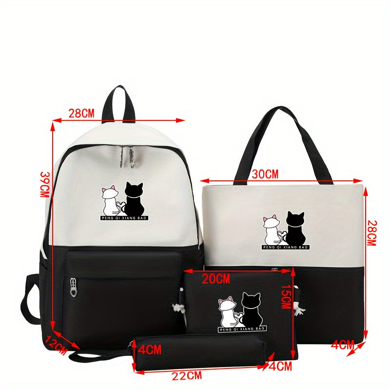 Blue Cartoon Cat Print Backpack Set with Tote Pencil Case and Wallet for School and Travel