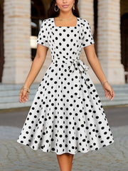 Polka Dot Print Square Neck Dress with Short Sleeves Belt for Women Spring Summer