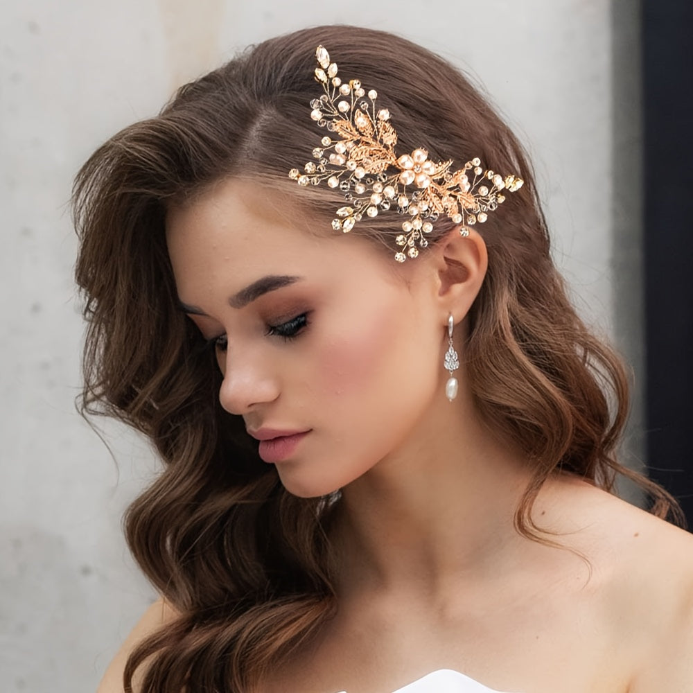 Bridal Hair Comb Beaded Rhinestones Floral Wedding Accessory Y2K Style
